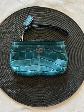 Coach Teal Croc-Embossed Leather Wristlet